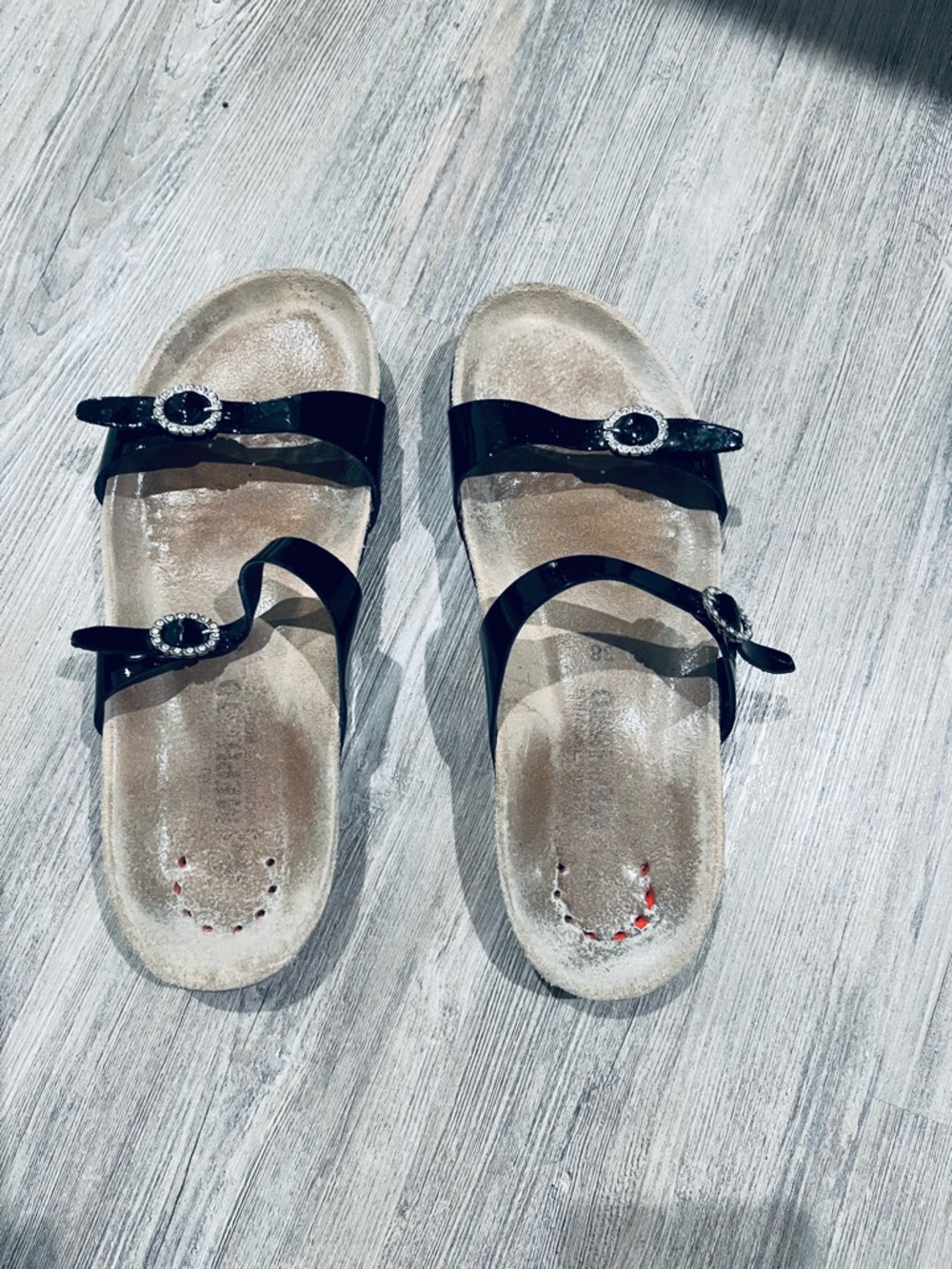 Mephisto Black Patent Double-strap Slide Sandals with Rhinestone Buckles